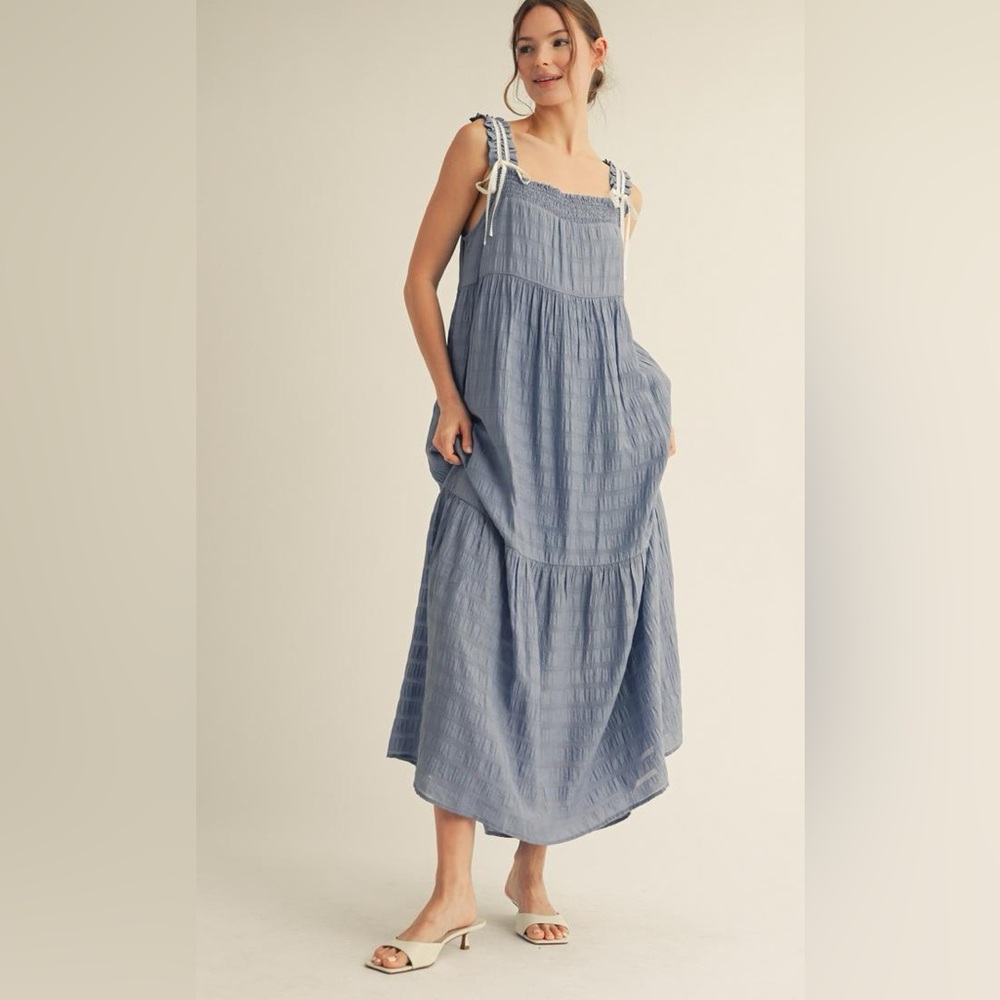 Boho Dusty Blue Tie-Shoulder Maxi Dress